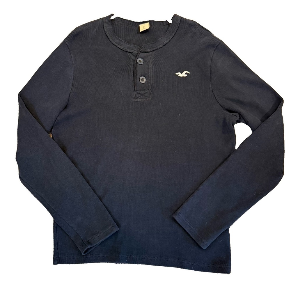 Y2K Hollister Mens Long Sleeve Thermal Henley Shirt Navy Sz M Grunge Prep preppy